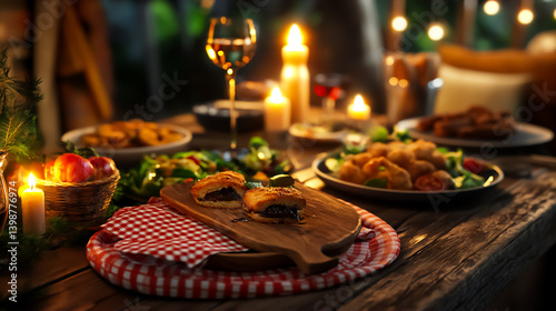 Cozy evening dinner party featuring gourmet dishes and soft candlelight in a charming outdoor setting