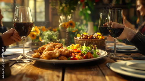 Vibrant gathering featuring a delightful spread of food and wine on a rustic table in a sunlit setting