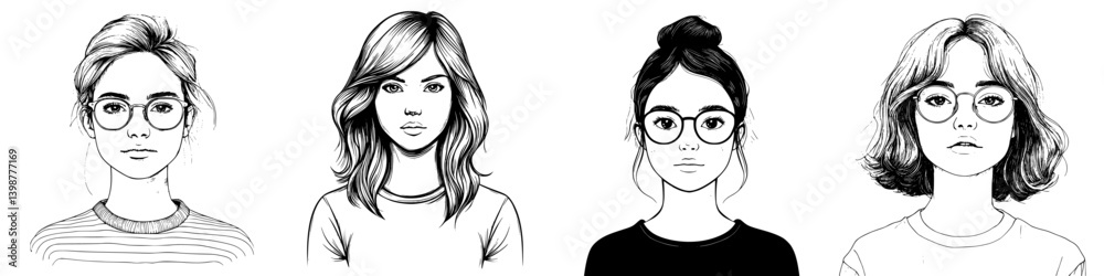 Group of four diverse young women illustrated with distinct hairstyles and glasses showcasing unique styles and expressions Group of four diverse young women illustrated with distinct hairstyles and glasses showcasing unique styles and expressions