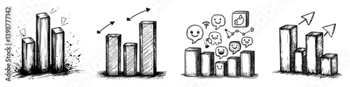 Growth trends represented by sketched bar graphs showcasing positive and negative fluctuations in data