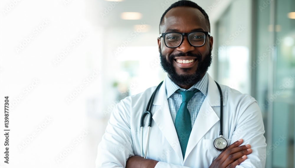 Fototapeta premium Portrait of smiling black doctor with arms crossed. Happy mature medical professional with stethoscope, glasses in modern hospital. Confident employee for career growth and healthcare treatment.