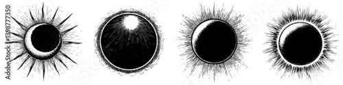 Solar eclipse phases illustrated with intricate sunburst designs showcasing celestial beauty in black and white