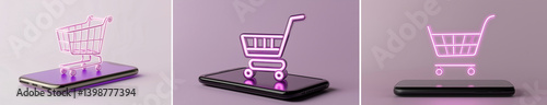 Neon shopping cart icon on smart phone 3D