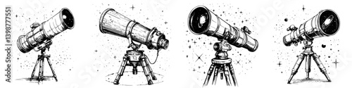 Exploring the cosmos with different telescope designs and artistic representations under a starry sky