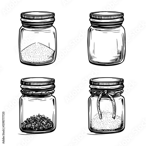 Various jars containing spices and ingredients displayed on a neutral background in an illustrative style