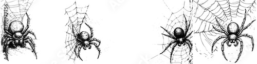 Artistic depiction of various spiders weaving intricate webs in a dark, mystical environment
