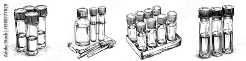 Collection of glass laboratory vials with liquid on a white background showcasing different sizes and arrangements of containers