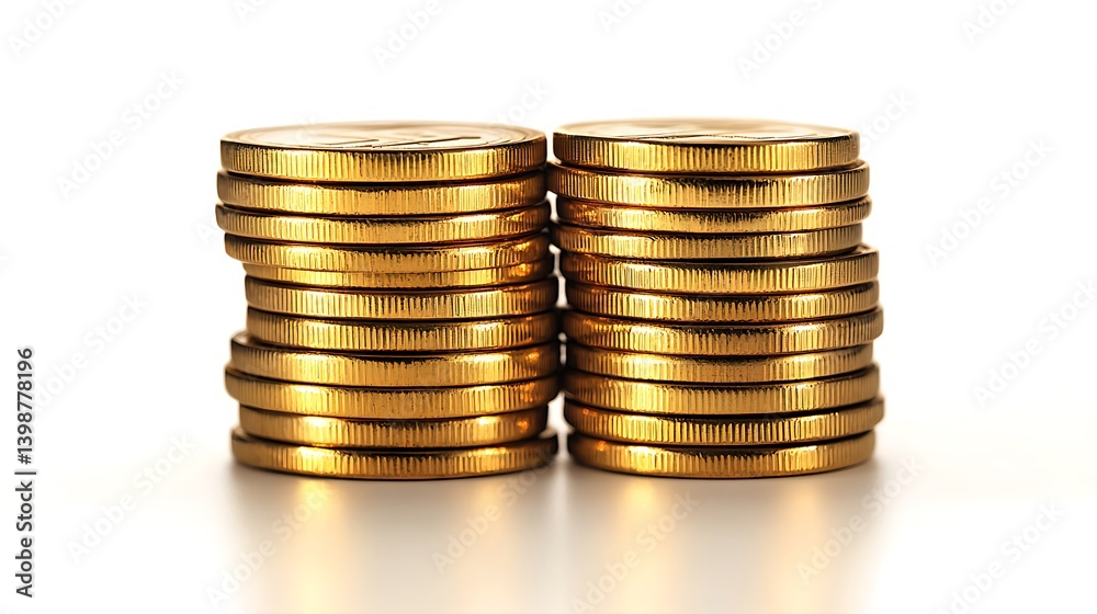 A stack of shiny gold coins arranged in a pyramid shape, reflecting light naturally to create a realistic metallic sheen on white. A stack of shiny gold coins arranged in a pyramid shape, reflecting light naturally to create a realistic metallic sheen on white.
