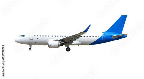 Side view of a commercial airplane with white body and blue tail on a black background isolated