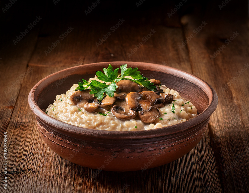 A rustic Slovenian ceramic bowl filled with buckwheat porridge topped with saut�ed mushrooms and fresh parsley garnish. A rustic Slovenian ceramic bowl filled with buckwheat porridge topped with saut�ed mushrooms and fresh parsley garnish.