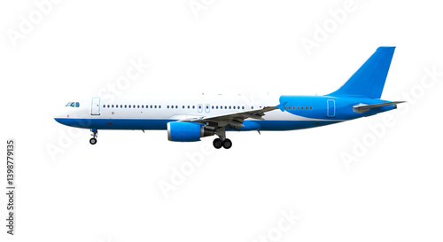 A side view of a white and blue passenger airplane isolated on a black background in a studio shot