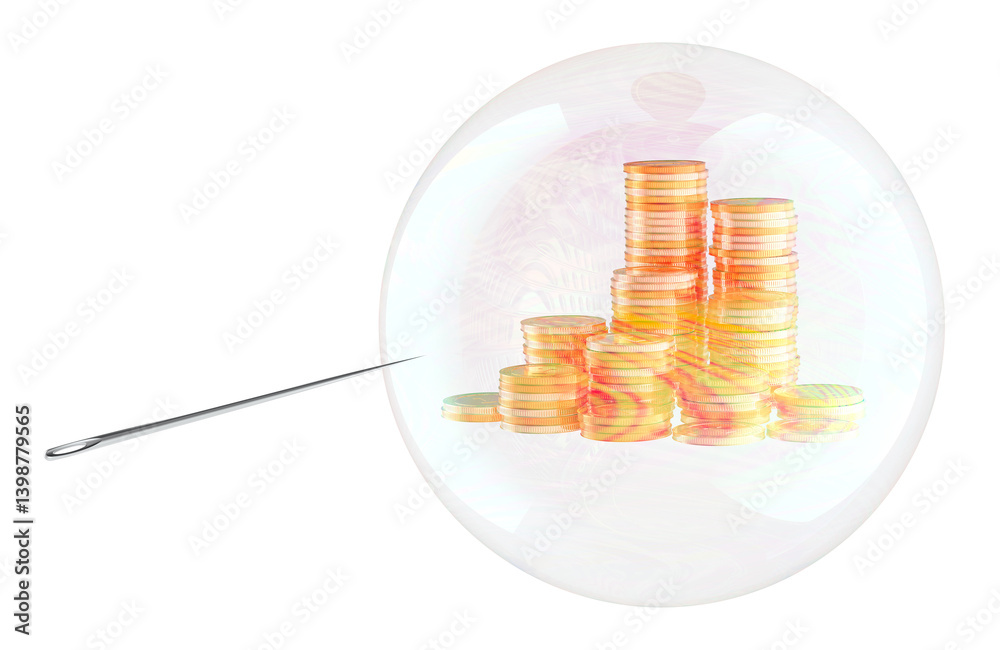 Golden coins inside soap bubble with needle. Economic or Financial bubble, concept. 3D rendering isolated on transparent background