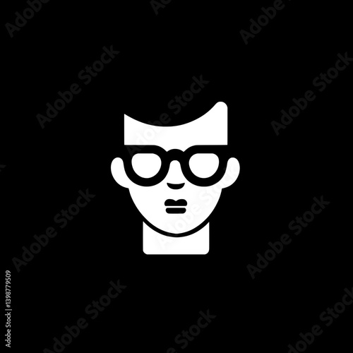 Minimalistic vector logo featuring a simplistic character design with glasses in black and white format