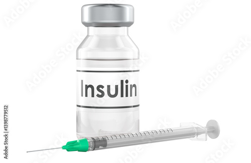 Insulin vial with syringe, 3D rendering isolated on transparent background