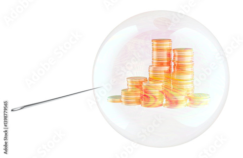Obraz na płótnie Golden coins inside soap bubble with needle. Economic or Financial bubble, concept. 3D rendering isolated on transparent background w salonie