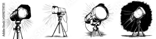 Creative sketches of different types of lights set up for a photography session in a studio environment
