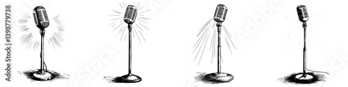 Vintage microphone illustrations showcasing different styles and designs in black and white art