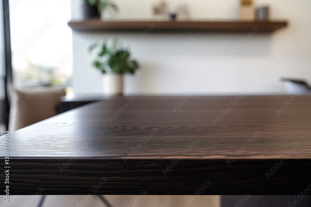 Empty dark wooden desk in modern office with blurred background perfect for product placement Empty dark wooden desk in modern office with blurred background perfect for product placement