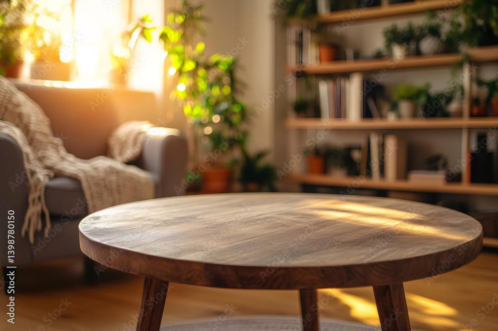 Obraz premium Empty round wooden coffee table illuminating by sunlight in cozy living room, product placement