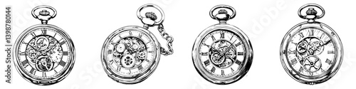 Vintage pocket watches showcasing intricate clockwork mechanics in detail, highlighting craftsmanship and design intricacies