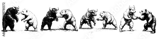 Illustration of bear and bull characters engaging in a friendly boxing match in a whimsical style