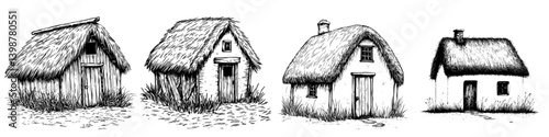 Traditional thatched cottages in various styles showcasing historical architecture in a quaint countryside setting