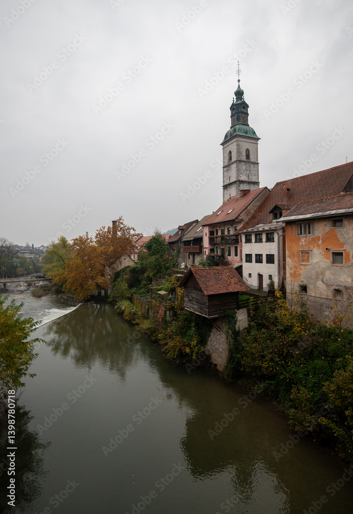 Old medieval town of skofja loka and sorska river , Slovenia Old medieval town of skofja loka and sorska river , Slovenia
