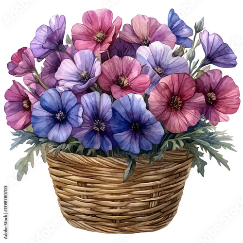 Silene bouquet in a basket, watercolor illustration, isolated on a white background.

