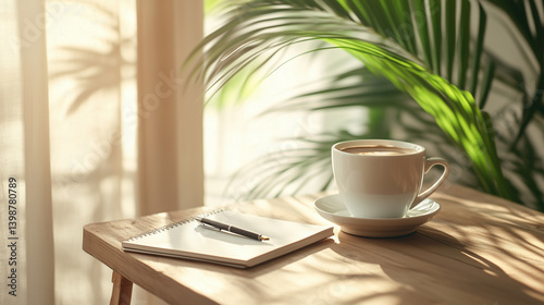A notebook and pen with a coffee cup on a wooden desk