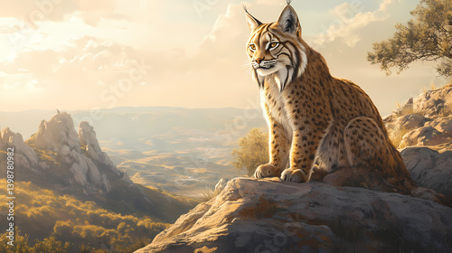 An iberian lynx, recently rebounding from the brink of extinction, marked by its distinctive beard and tufted ears,. Runebound Crest. Illustration