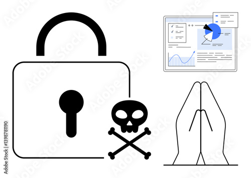 Locked padlock and skull symbol emphasize online security risks. Dashboard showcases data analytics, indicating cyber threats. Praying hands reflect concern over online safety. Ideal for technology
