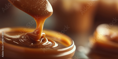 Spoon pouring dulce de leche into a jar.