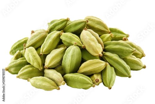 Pile of green cardamom pods on transparent background