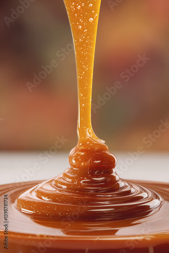 Pouring dulce de leche or caramel sauce.