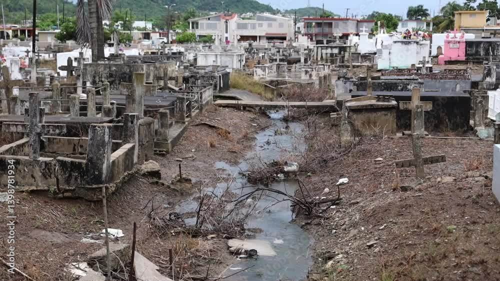 View of cemetery in Humacao, Puerto Rico after floods during hurricane Dorian