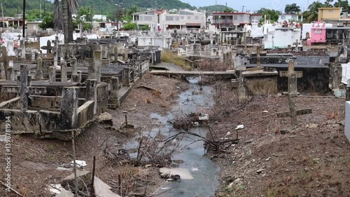 View of cemetery in Humacao, Puerto Rico after floods during hurricane Dorian