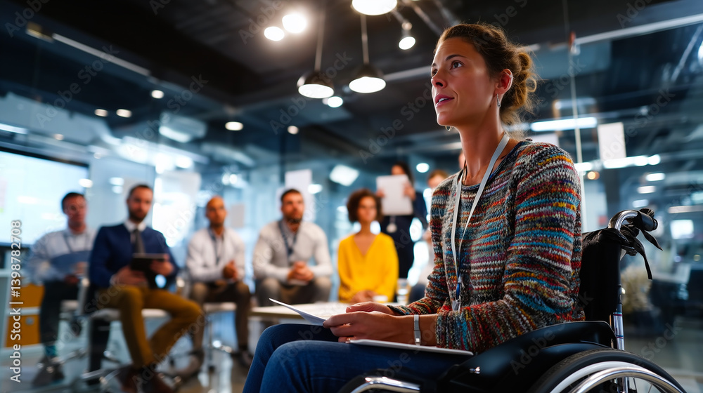 Wheelchair user giving a presentation to colleagues in a boardroom Wheelchair user giving a presentation to colleagues in a boardroom