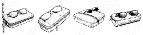Sunglasses rested on various pouches in a minimalist setting showcasing stylish accessory storage options