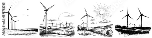 Wind turbines generate renewable energy across rolling hills under a clear sky with sunshine and clouds