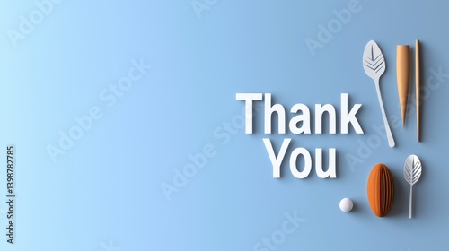 A simple thank you message is displayed with minimalist wooden objects and a pastel blue background creating a calm and appreciative atmosphere perfect for a card or social media