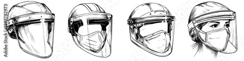 Protective face shields and masks displayed in a healthcare setting for safety during procedures and patient interactions