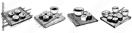 Various styles of sushi served with sauces and chopsticks at an Asian restaurant