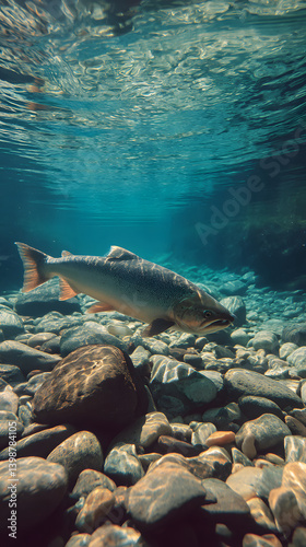 An elegant salmon glides over a bed of smooth stones, embodying the serenity of underwater life.