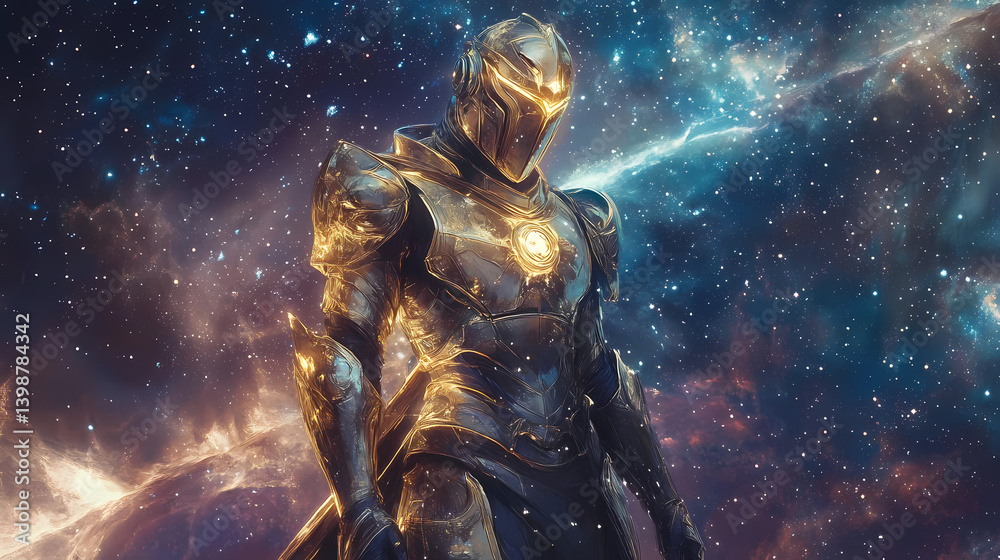 Fototapeta premium Majestic guardian of the cosmic gate futuristic knight in shining armor fantasy art universe. Stellar Armor. Illustration