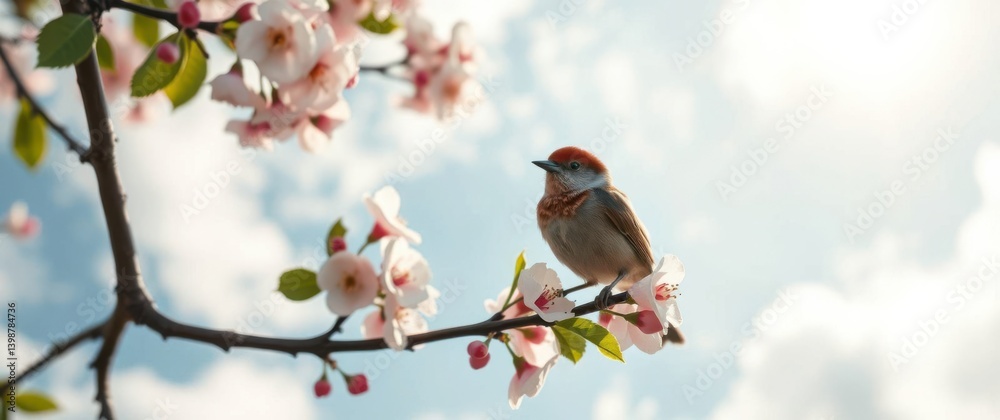Small bird perched gracefully on a blossoming branch, enjoying a sunny spring day in a peaceful setting. Small bird perched gracefully on a blossoming branch, enjoying a sunny spring day in a peaceful setting.