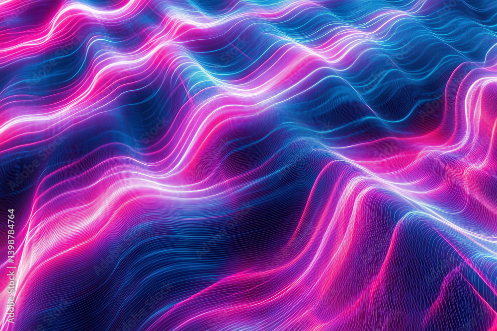 Abstract neon landscape with wavy lines in shades of blue and pink creating a futuristic feel Abstract neon landscape with wavy lines in shades of blue and pink creating a futuristic feel