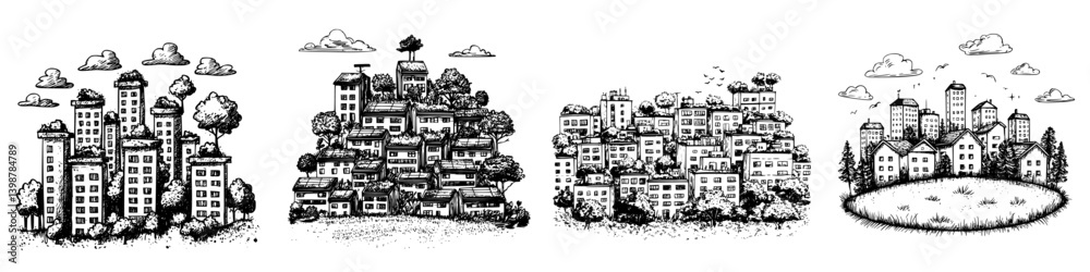 Obraz premium Urban development concepts showcasing different architectural styles and green spaces in a city layout