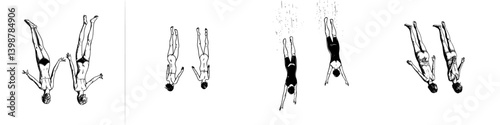 Diverse individuals executing various diving maneuvers into a pool setting during a sunny day