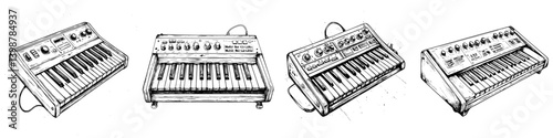 Sketch of multiple synthesizers showcasing unique designs and keyboard layouts from different angles