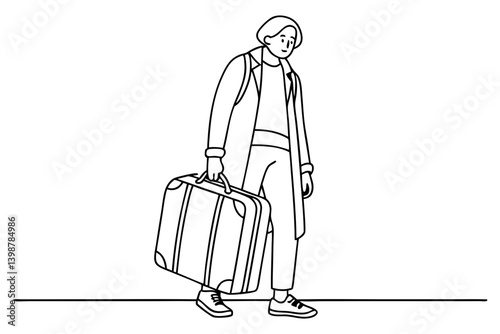 Refugee Carrying Suitcase One Line Drawing